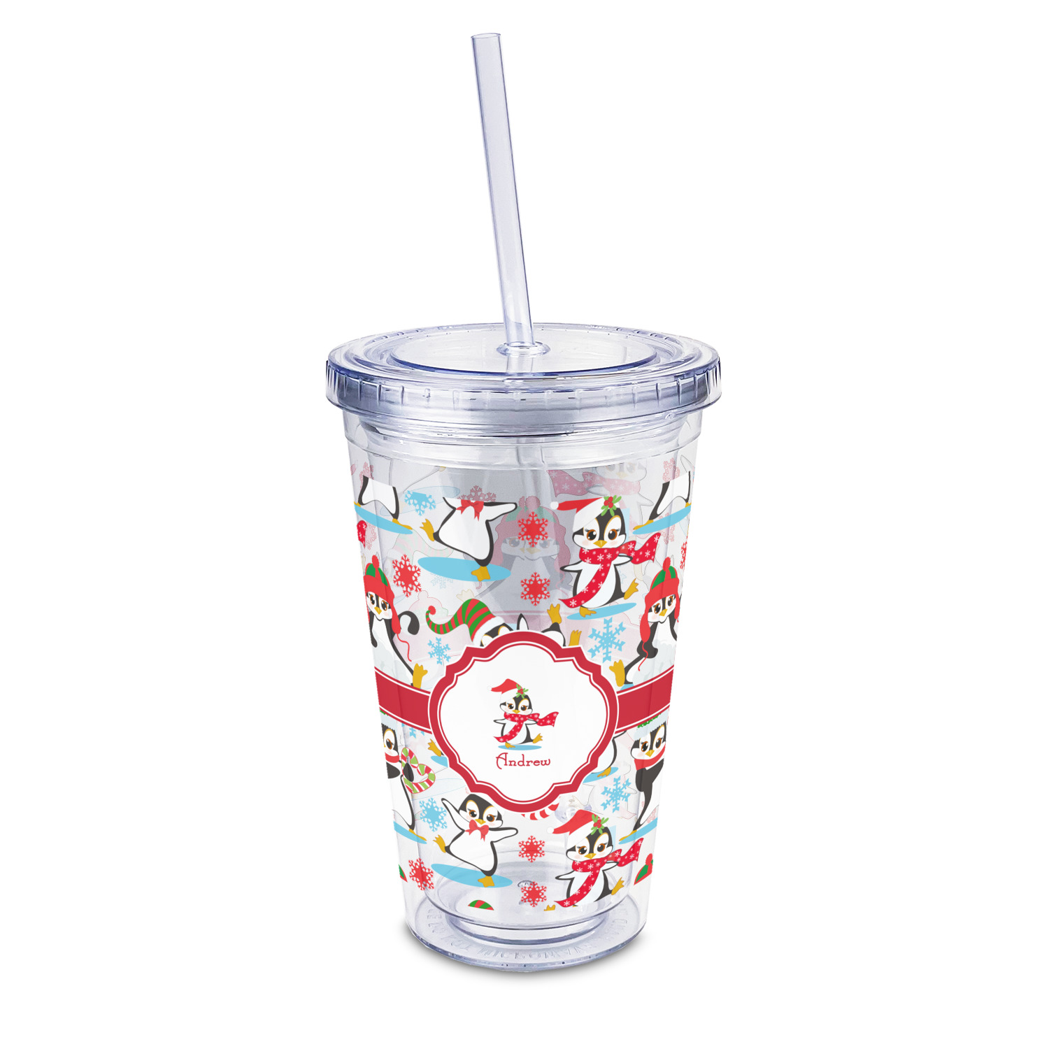 Custom Christmas Penguins Double Wall Tumbler with Straw (Personalized)