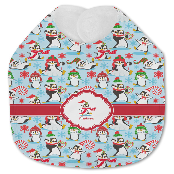 Custom Christmas Penguins Jersey Knit Baby Bib w/ Name or Text