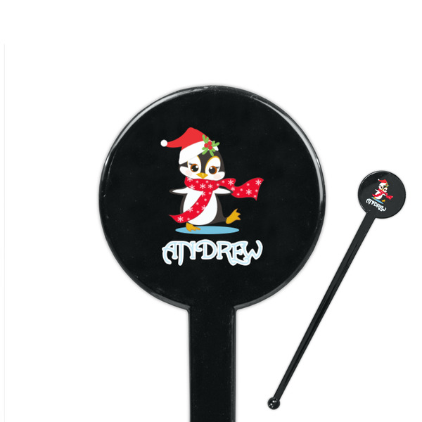 Custom Christmas Penguins 7" Round Plastic Stir Sticks - Black - Double Sided (Personalized)