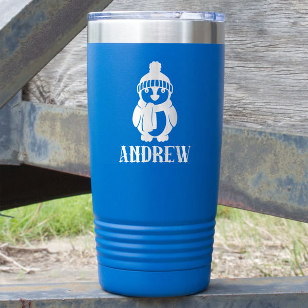 Custom Christmas Penguins 20 oz Stainless Steel Tumbler - Royal Blue - Double Sided (Personalized)
