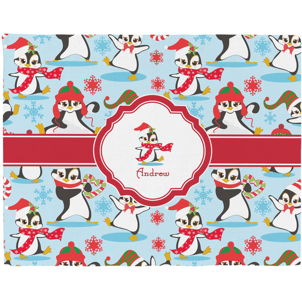Custom Christmas Penguins Woven Fabric Placemat - Twill w/ Name or Text