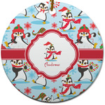 Christmas Penguins Round Ceramic Ornament w/ Name or Text