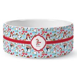 Christmas Penguins Ceramic Dog Bowl - Medium (Personalized)