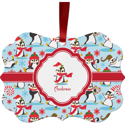 Christmas Penguins Metal Frame Ornament - Double Sided w/ Name or Text