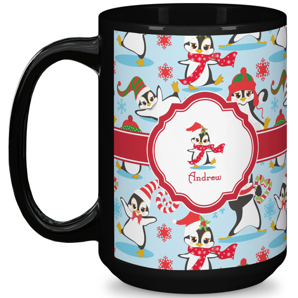 Custom Christmas Penguins 15 Oz Coffee Mug - Black (Personalized)