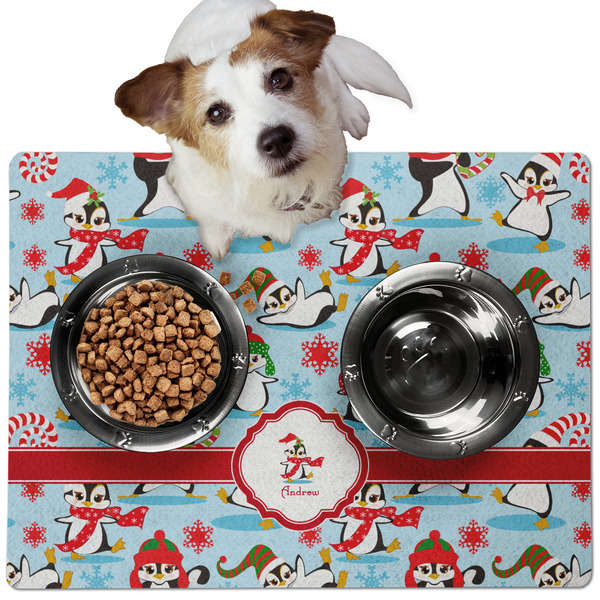 Custom Christmas Penguins Dog Food Mat - Medium w/ Name or Text