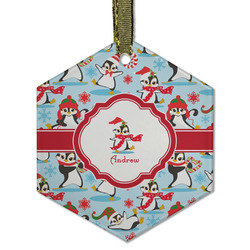 Christmas Penguins Flat Glass Ornament - Hexagon w/ Name or Text