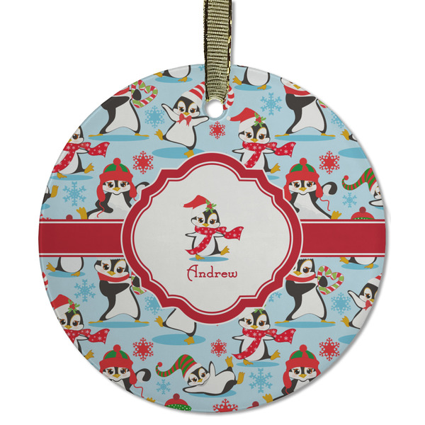 Custom Christmas Penguins Flat Glass Ornament - Round w/ Name or Text