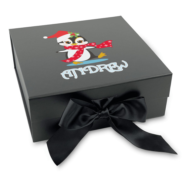 Custom Christmas Penguins Gift Box with Magnetic Lid - Black (Personalized)