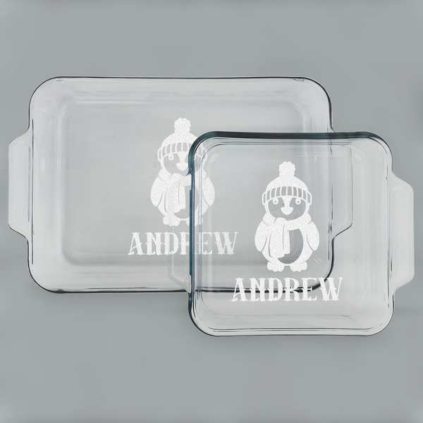 Custom Christmas Penguins Set of Glass Baking & Cake Dish - 13in x 9in & 8in x 8in (Personalized)