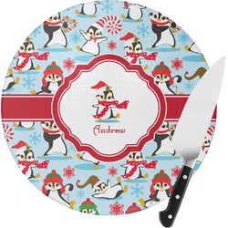 Christmas Penguins Round Glass Cutting Board - Medium (Personalized)