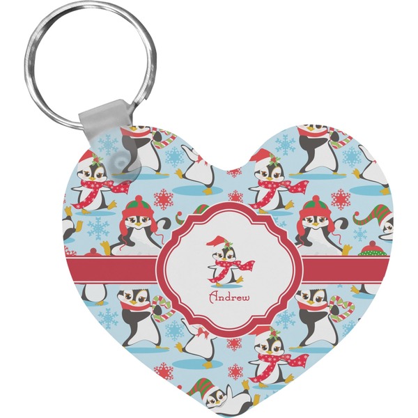 Custom Christmas Penguins Heart Plastic Keychain w/ Name or Text