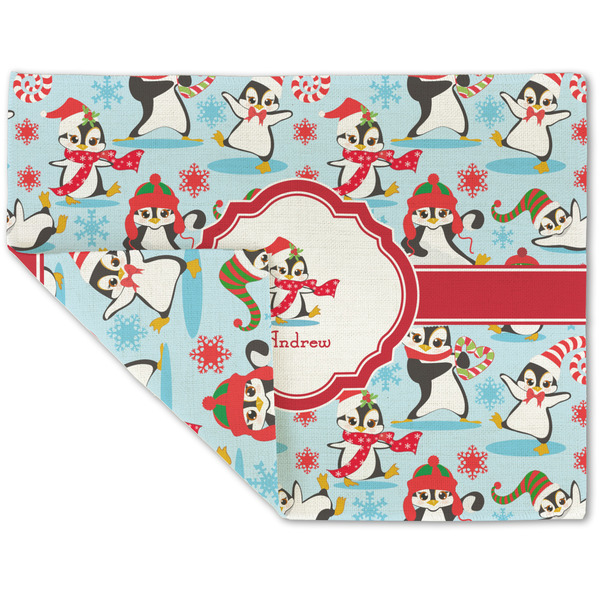 Custom Christmas Penguins Double-Sided Linen Placemat - Single w/ Name or Text