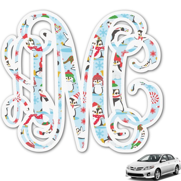 Custom Christmas Penguins Monogram Car Decal (Personalized)