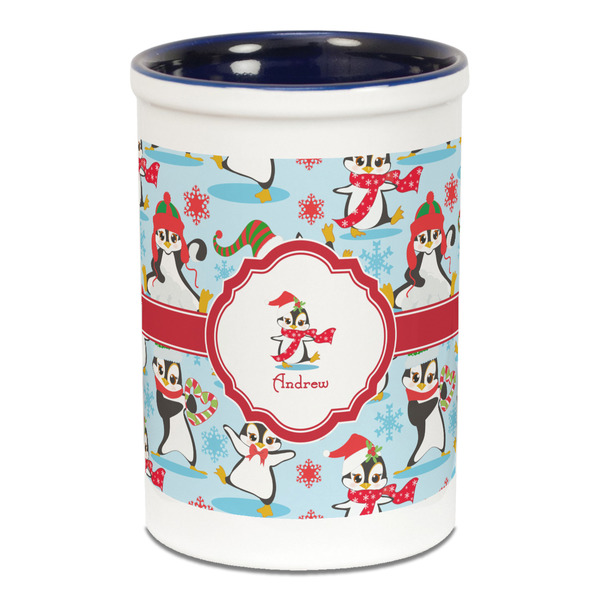 Custom Christmas Penguins Ceramic Pencil Holders - Blue