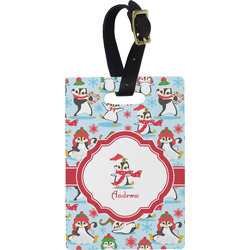 Christmas Penguins Plastic Luggage Tag - Rectangular w/ Name or Text