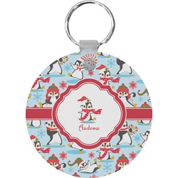 Christmas Penguins Round Plastic Keychain (Personalized)