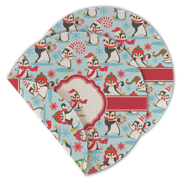 Custom Christmas Penguins Round Linen Placemat - Double Sided (Personalized)