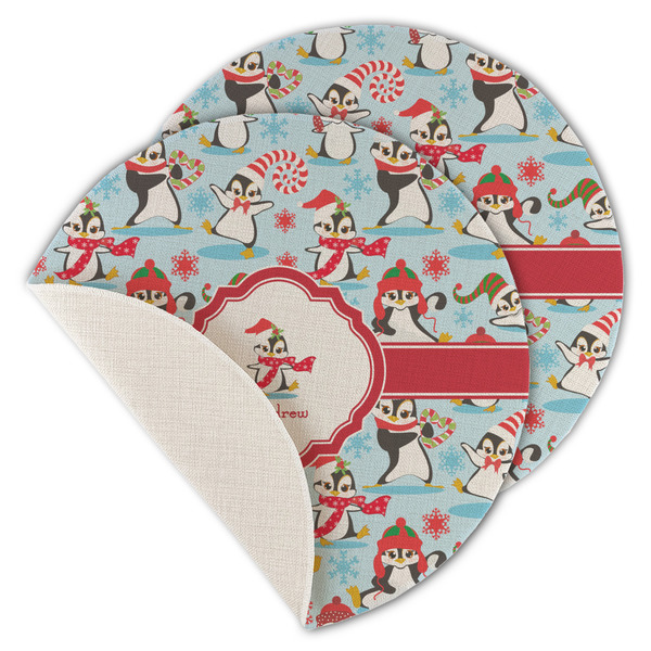 Custom Christmas Penguins Round Linen Placemat - Single Sided - Set of 4 (Personalized)