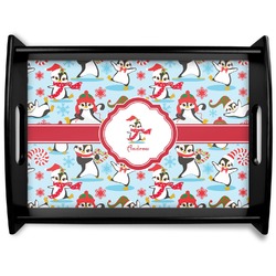 Christmas Penguins Black Wooden Tray - Large (Personalized)