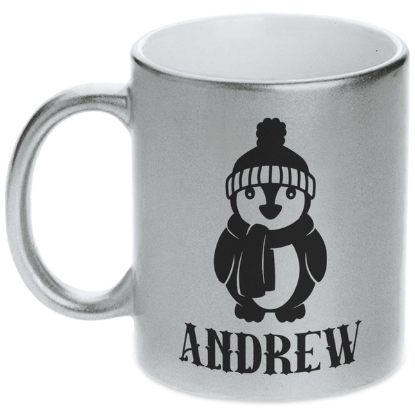 Custom Christmas Penguins Metallic Silver Mug (Personalized)