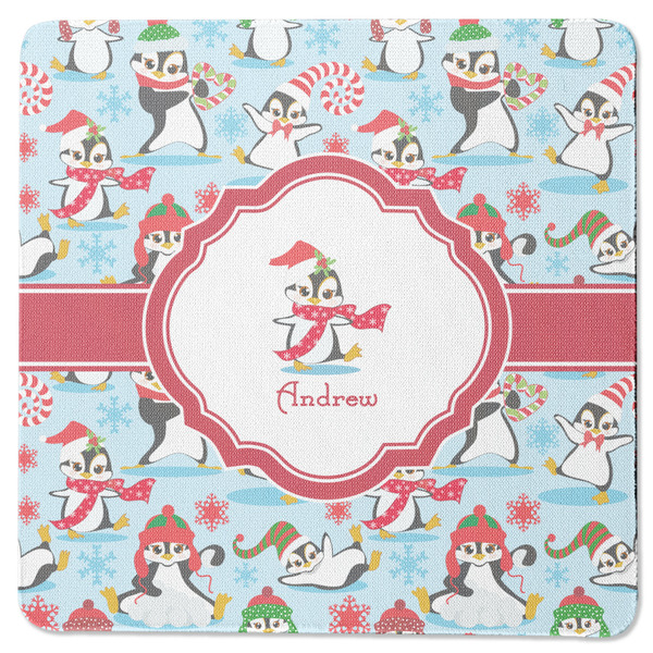 Custom Christmas Penguins Square Rubber Backed Coaster (Personalized)