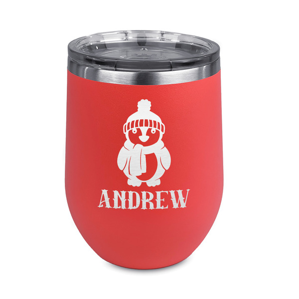 Custom Christmas Penguins Stemless Stainless Steel Wine Tumbler - Coral - Double Sided (Personalized)