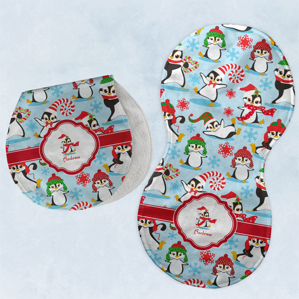 Custom Christmas Penguins Burp Pads - Velour - Set of 2 w/ Name or Text