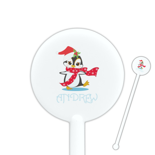 Custom Christmas Penguins 5.5" Round Plastic Stir Sticks - White - Double Sided (Personalized)