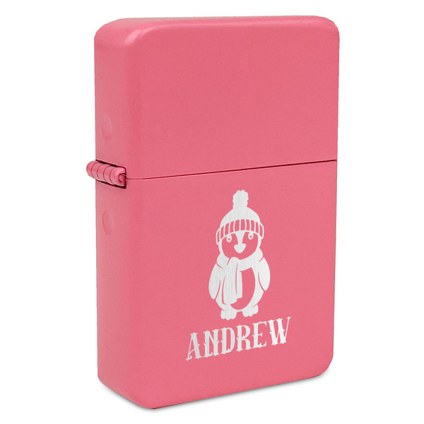 Custom Christmas Penguins Windproof Lighter - Pink - Double Sided & Lid Engraved (Personalized)