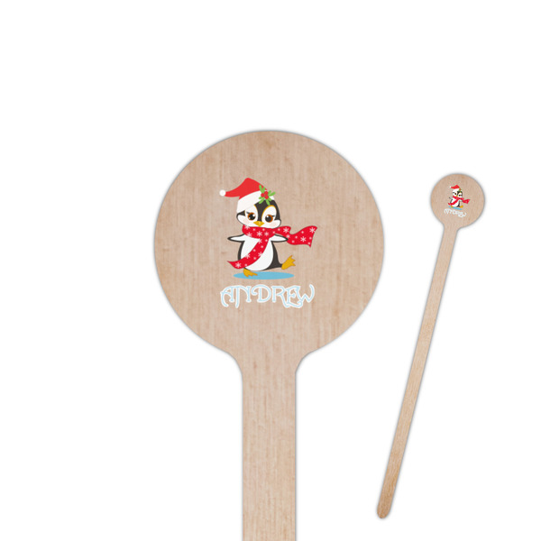 Custom Christmas Penguins 7.5" Round Wooden Stir Sticks - Single Sided (Personalized)