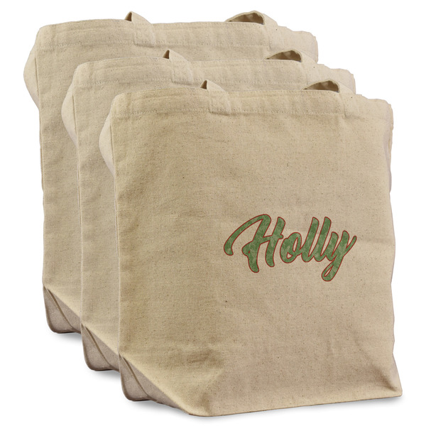 Custom Christmas Holly Reusable Cotton Grocery Bags - Set of 3 (Personalized)