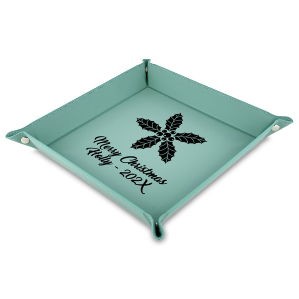 Custom Christmas Holly Faux Leather Dice Tray - 9" x 9"  - Teal (Personalized)