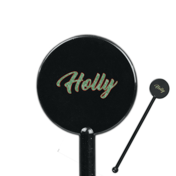 Custom Christmas Holly 5.5" Round Plastic Stir Sticks - Black - Single Sided (Personalized)