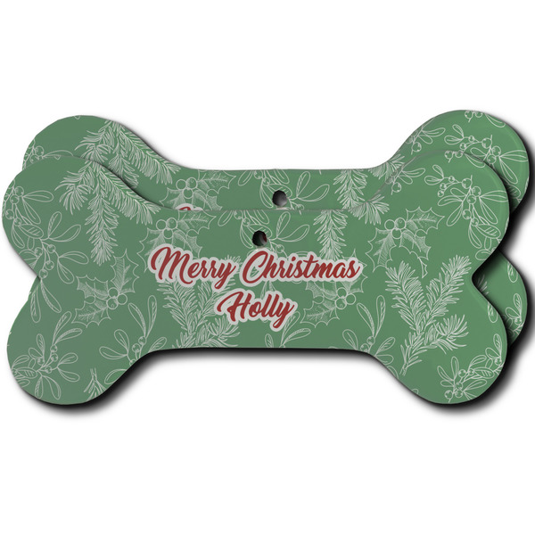 Custom Christmas Holly Ceramic Dog Ornament - Front & Back w/ Name or Text