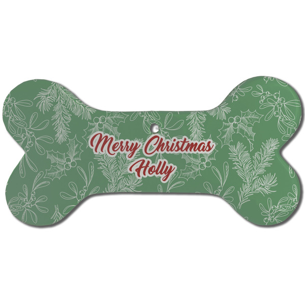 Custom Christmas Holly Ceramic Dog Ornament - Front w/ Name or Text