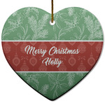 Christmas Holly Heart Ceramic Ornament w/ Name or Text