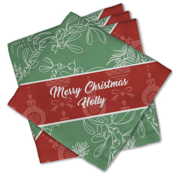 Custom Christmas Holly Cloth Cocktail Napkins - Set of 4 w/ Name or Text