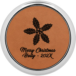 Christmas Holly Set of 4 Leatherette Round Coasters w/ Silver Edge (Personalized)