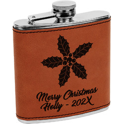 Christmas Holly Leatherette Wrapped Stainless Steel Flask (Personalized)