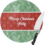 Christmas Holly Round Glass Cutting Board (Personalized)