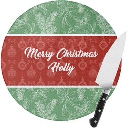 Christmas Holly Round Glass Cutting Board - Medium (Personalized)