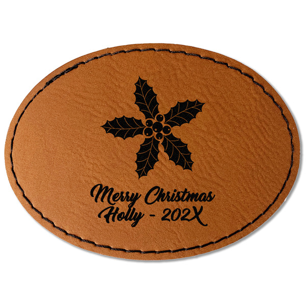 Custom Christmas Holly Faux Leather Iron On Patch - Oval (Personalized)