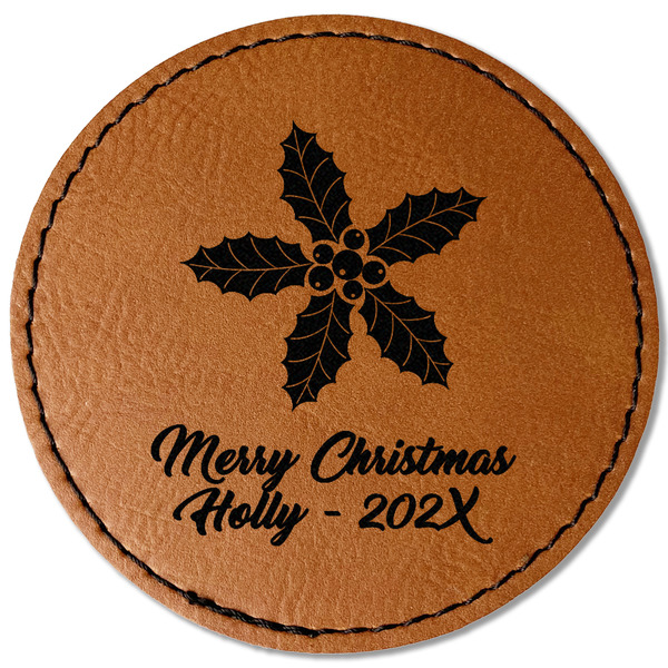 Custom Christmas Holly Faux Leather Iron On Patch - Round (Personalized)