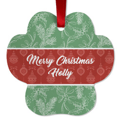 Christmas Holly Metal Paw Ornament - Double Sided w/ Name or Text