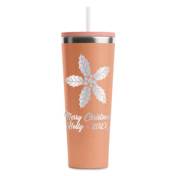 Custom Christmas Holly RTIC Everyday Tumbler with Straw - 28oz - Peach - Double-Sided (Personalized)
