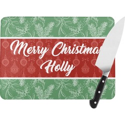 Christmas Holly Rectangular Glass Cutting Board - Large - 15.25"x11.25" w/ Name or Text