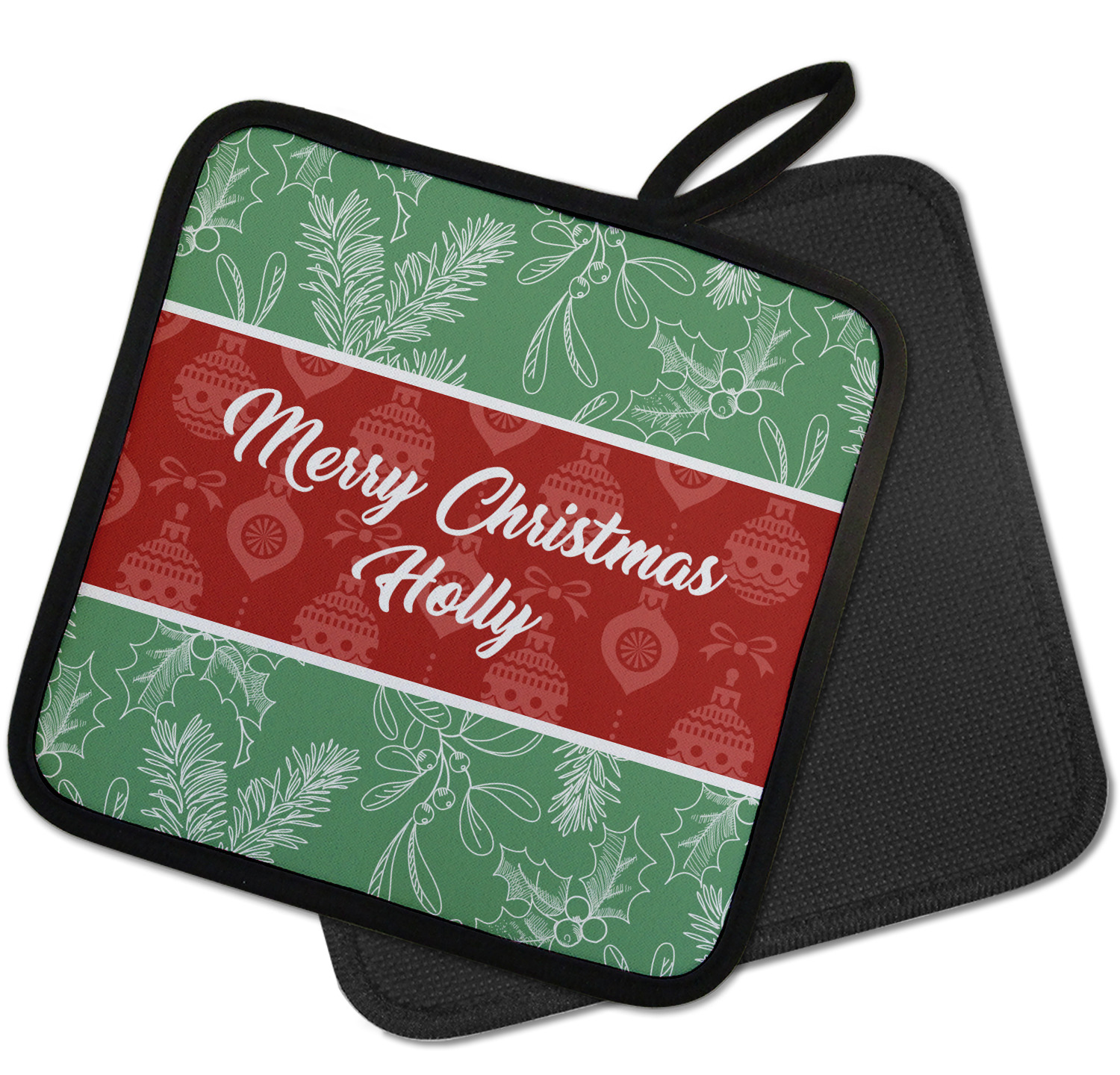 Custom Christmas Holly Oven Mitt & Pot Holder Set w/ Name or Text