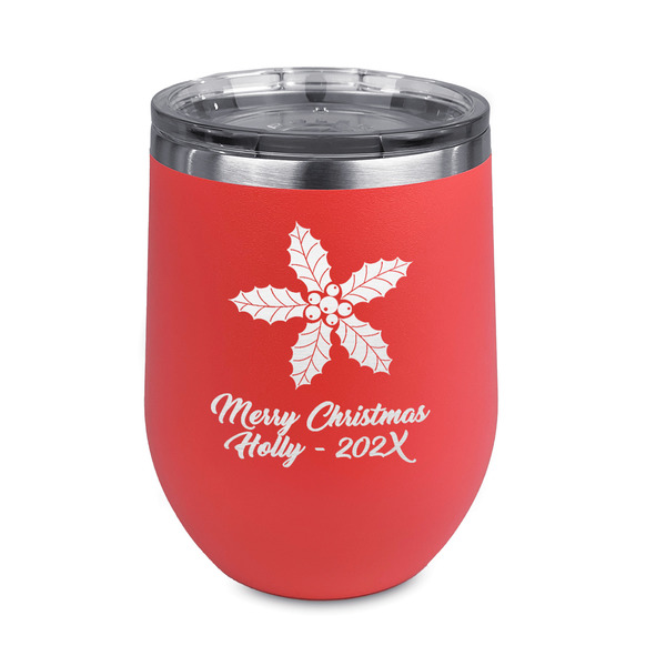 Custom Christmas Holly Stemless Stainless Steel Wine Tumbler - Coral - Double Sided (Personalized)