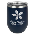 Christmas Holly Stemless Stainless Steel Wine Tumbler - Navy - Single Sided (Personalized)